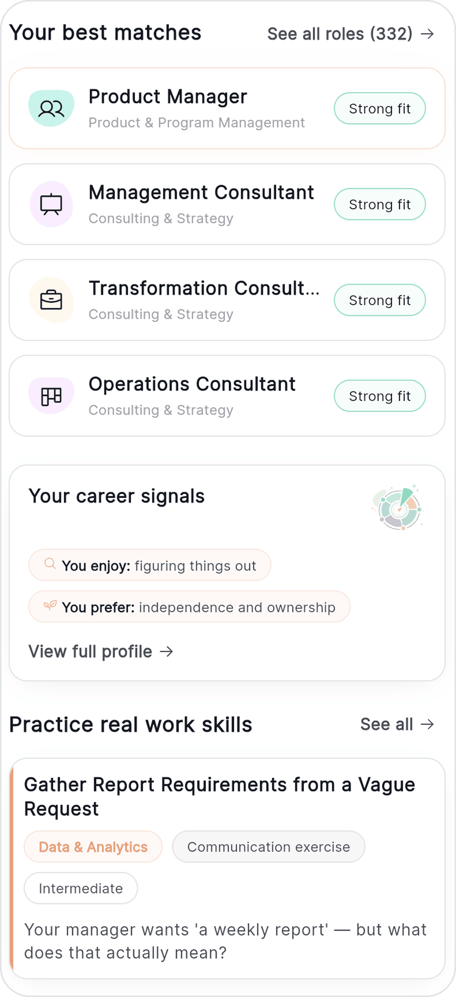 Welica Careers screen — best matches list with career signals