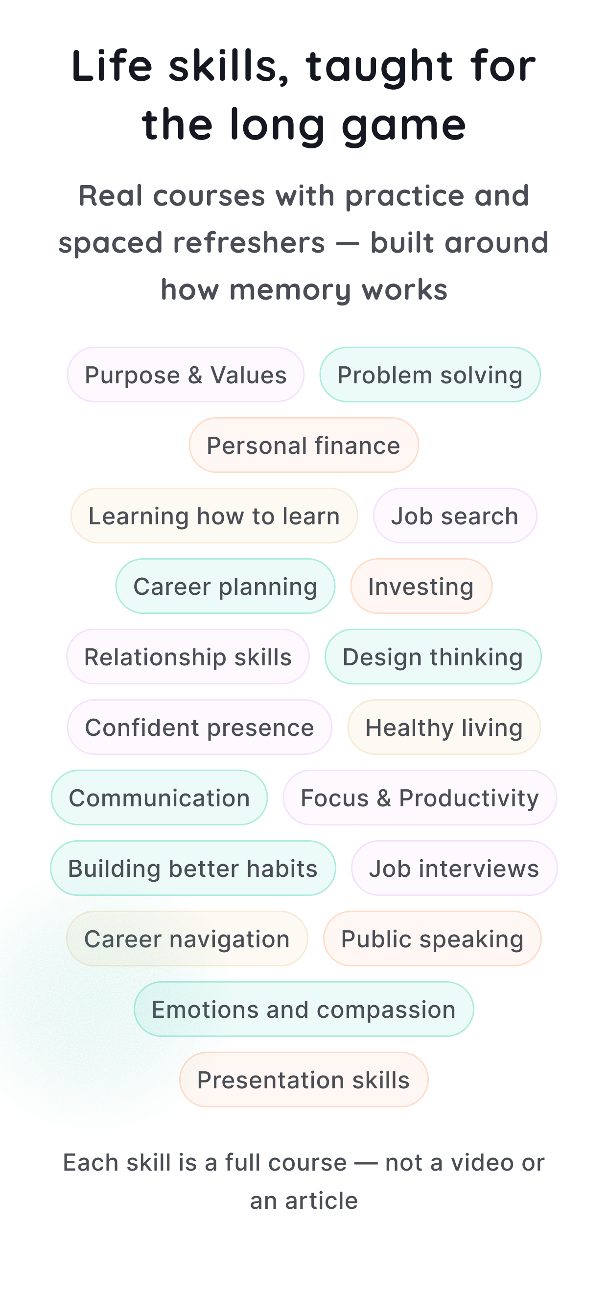 Welica Life Skills screen — skill courses and saved practice tools